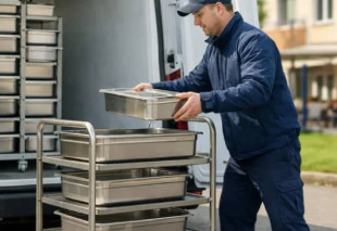 Livreur manipulant des bacs gastronormes inox sur un chariot près d’une camionnette