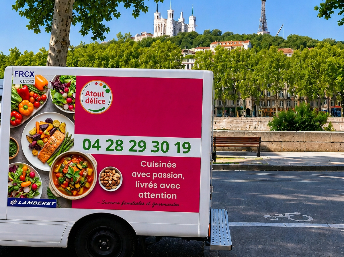 Camion de livraison Atout Délice stationné à Lyon, devant la basilique de Fourvière
